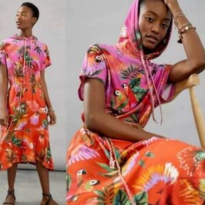 Farm Rio Anthropologie Teresita Hooded Tropical bird dress size Small